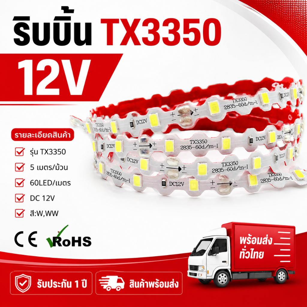 ริบบิ้น TX3350 60 เม็ดไฟ ไฟเส้น ไฟตกแต่ง ไฟริบบิ้น 5เมตร/ม้วน กันฝน ตัดได้ทุก 3 เม็ดไฟ