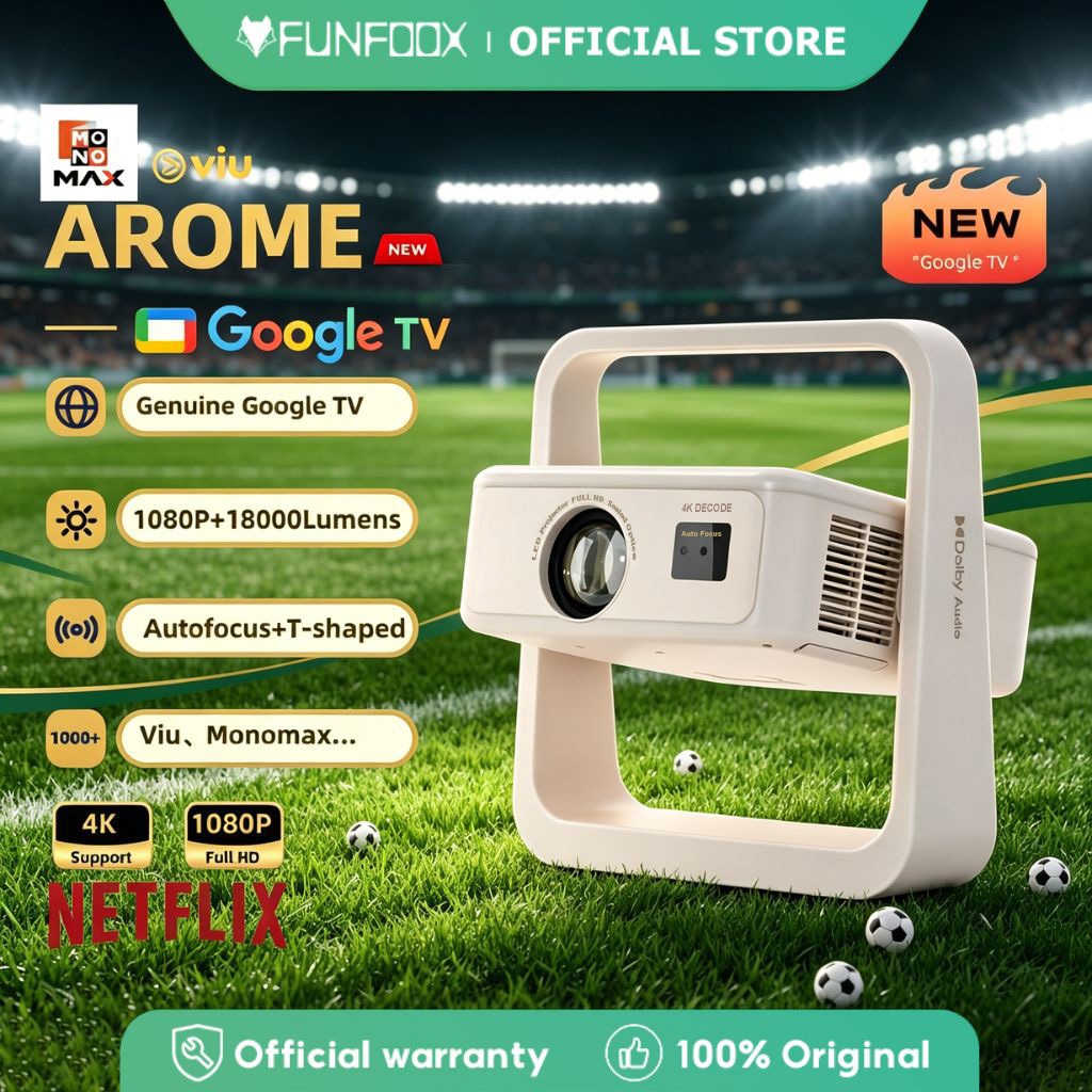 FUNFOOX AROME โปรเจคเตอร์ Google TV 1080P 500ANSI 4K Netflix คมชัดสุด ดูฟรีไม่ต้องต่อกล่อง