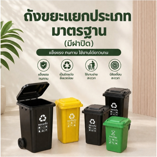 alive ถังขยะแยกประเภทมาตรฐาน (มีฝาปิด) / ถังขยะเทศบาลทรงเหลี่ยม (มีให้เลือกแบบมีล้อเลื่อน และแบบตั้งพื้น) 1001
