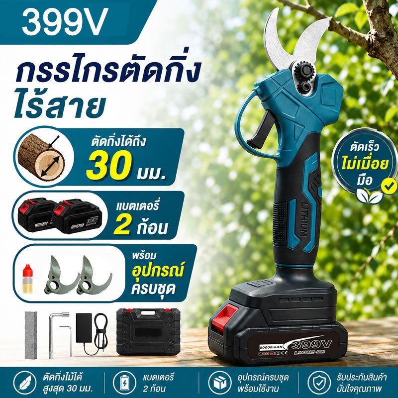 กรรไกรตัดกิ่งไฟฟ้าไร้สาย ปรับปากตัดได้ 30mm 600W แบตเตอรี่ 2 ก้อน ตัดกิ่งไม้คม แรง น้ำหนักเบา งานสวน งานเกษตร