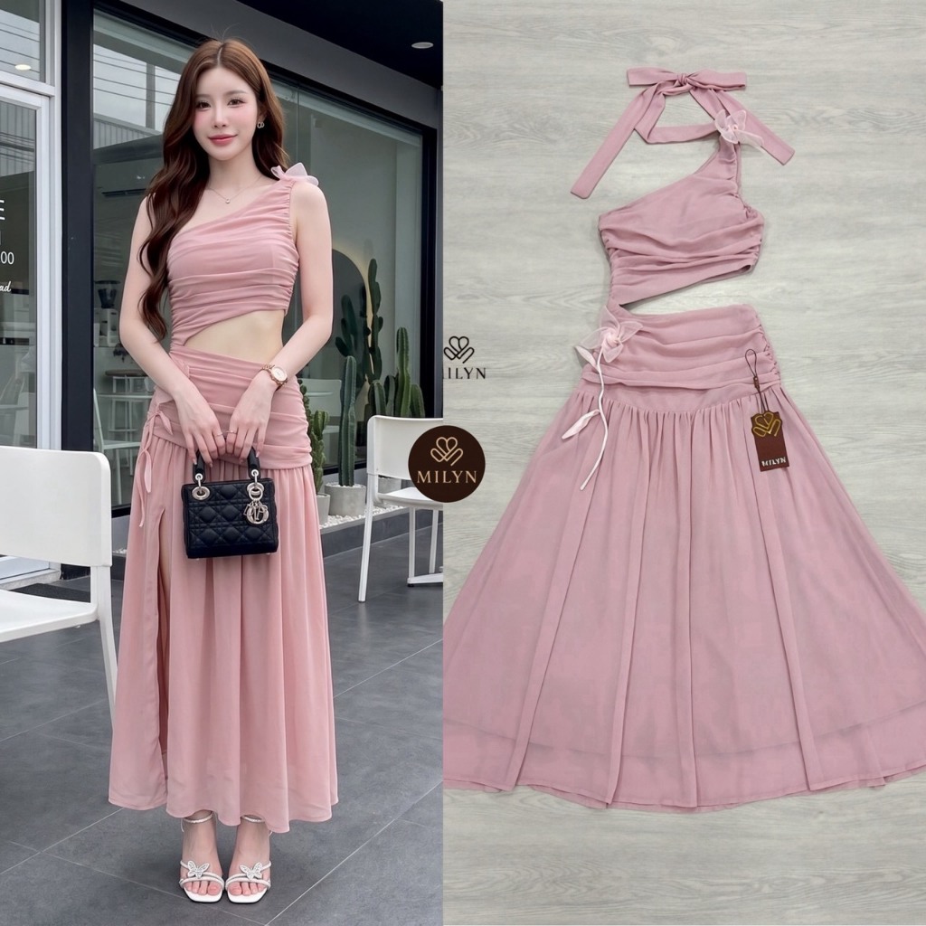 MILYN เดรสยาวกระโปรงยาวทรงพลิ้วว-สีชมพู