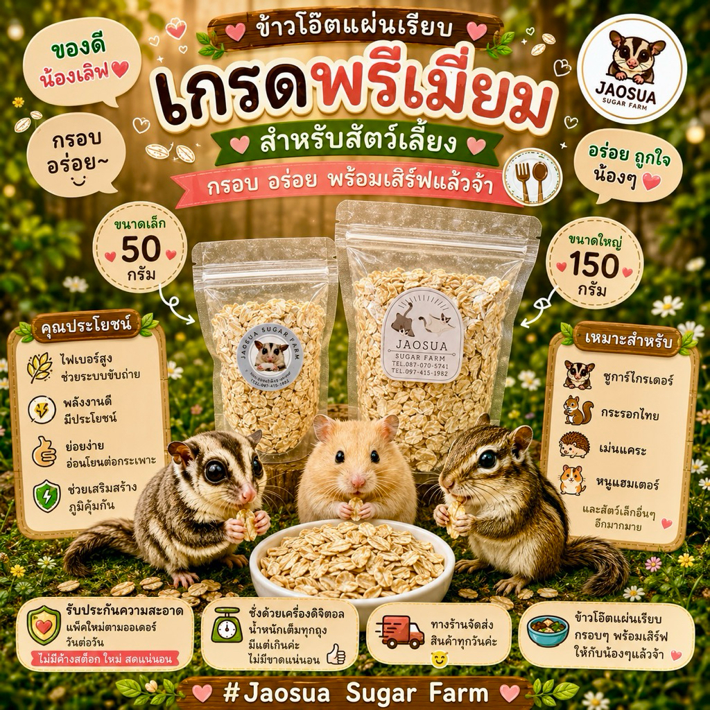 ✨🌾ข้าวโอ๊ตพร้อมทานเกรดพรีเมี่ยม สำหรับ ชูการ์ กระรอก ดอร์เมาส์ แฮมสเตอร์ นก และ สัตว์เลี้ยงขนาดเล็กอื่นๆ🐿️🦔