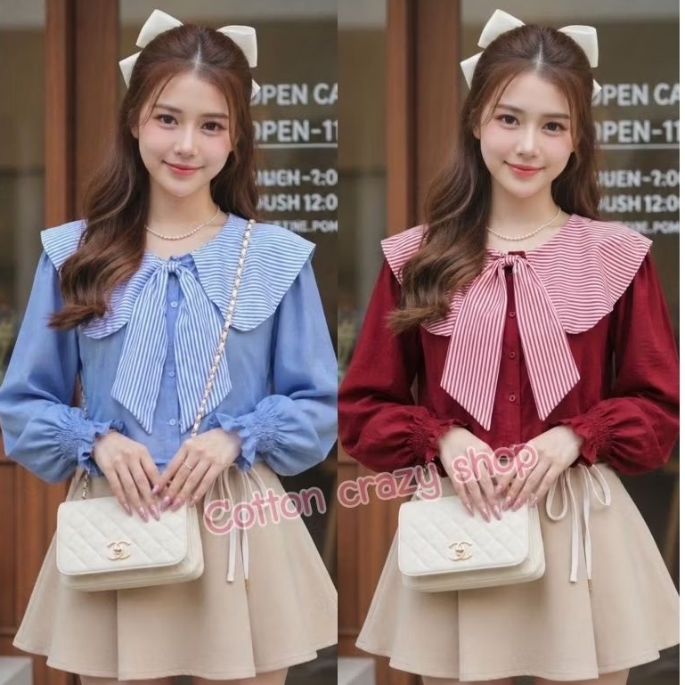 Cotton เสื้อเชิ้ตแขนยาวแต่งปกลายริ้วปลายแขนสม็อก