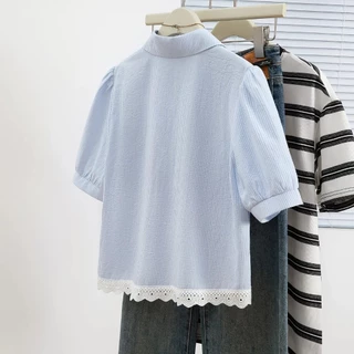 Red Berryเสื้อเชิ้ตแขนสั้นลายทางสีฟ้าสไตล์เกาหลีสำหรับผู้หญิง เสื้อฤดูร้อน เสื้อเชิ้ตลดอายุ W635