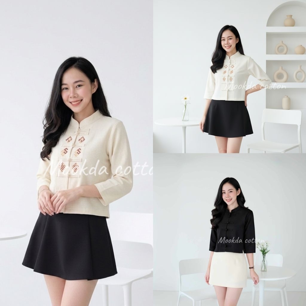 เสื้อผ้าฝ้ายคอจีนอัดกาวเเขนสามส่วน ปักลายวชิรภักดิ์และลายขอพระราชทาน สีเหลือง อก34-46" ผู้หญิง