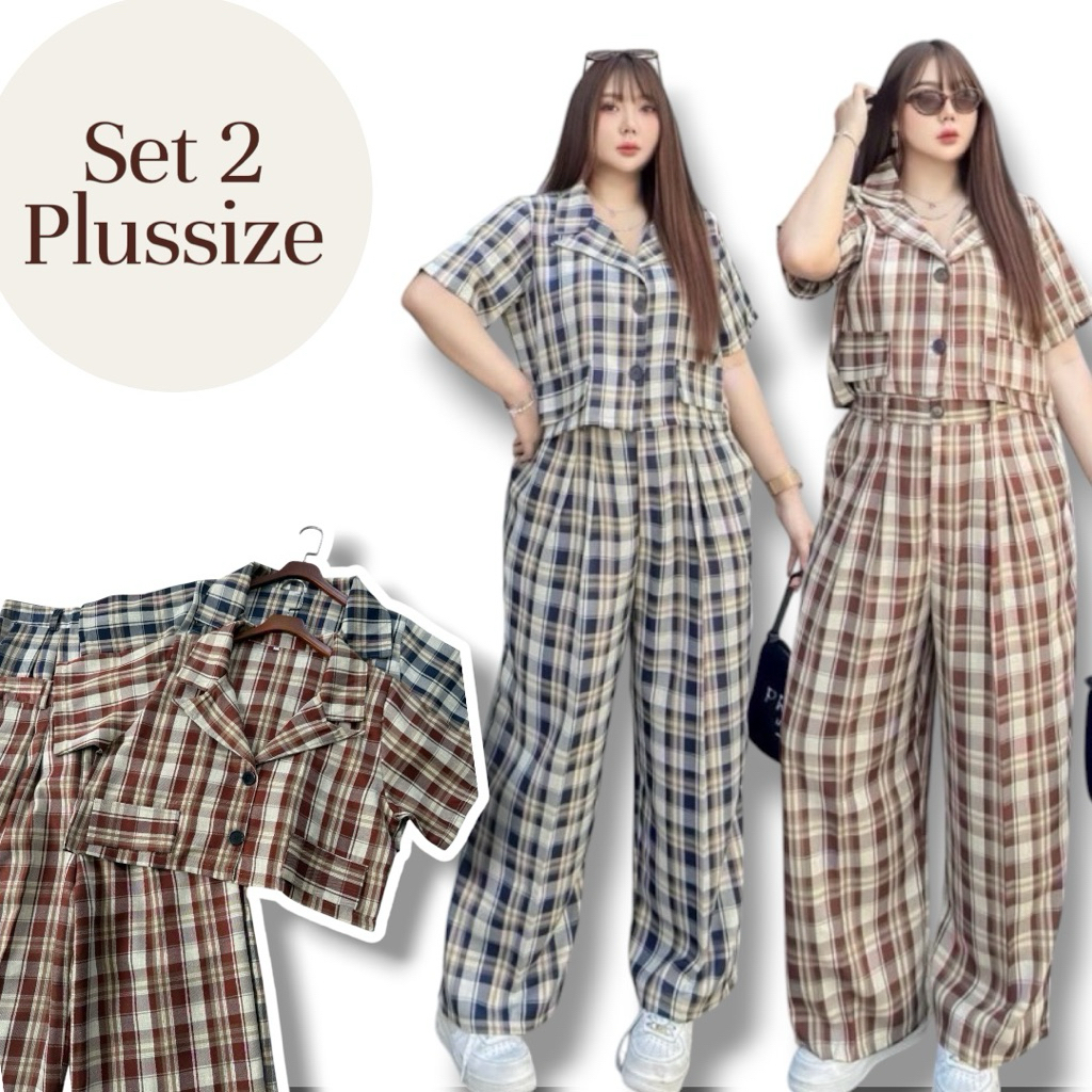 Set 2 ชิ้น เสื้อครอปแขนสั้น + กางเกงขายาว เอวสม็อค ลายตาราง สาวอวบ ไซต์ใหญ่