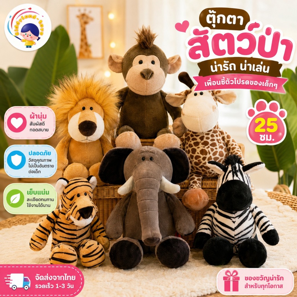 🚀ส่งจากไทย🚀ตุ๊กตาเสือสัตว์ป่า สิงโต ช้าง ลิง ยีราฟ รูปทรงสัตว์จำลองน่ารัก ของขวัญวันเกิด ของเล่นเด็ก 25 ซม