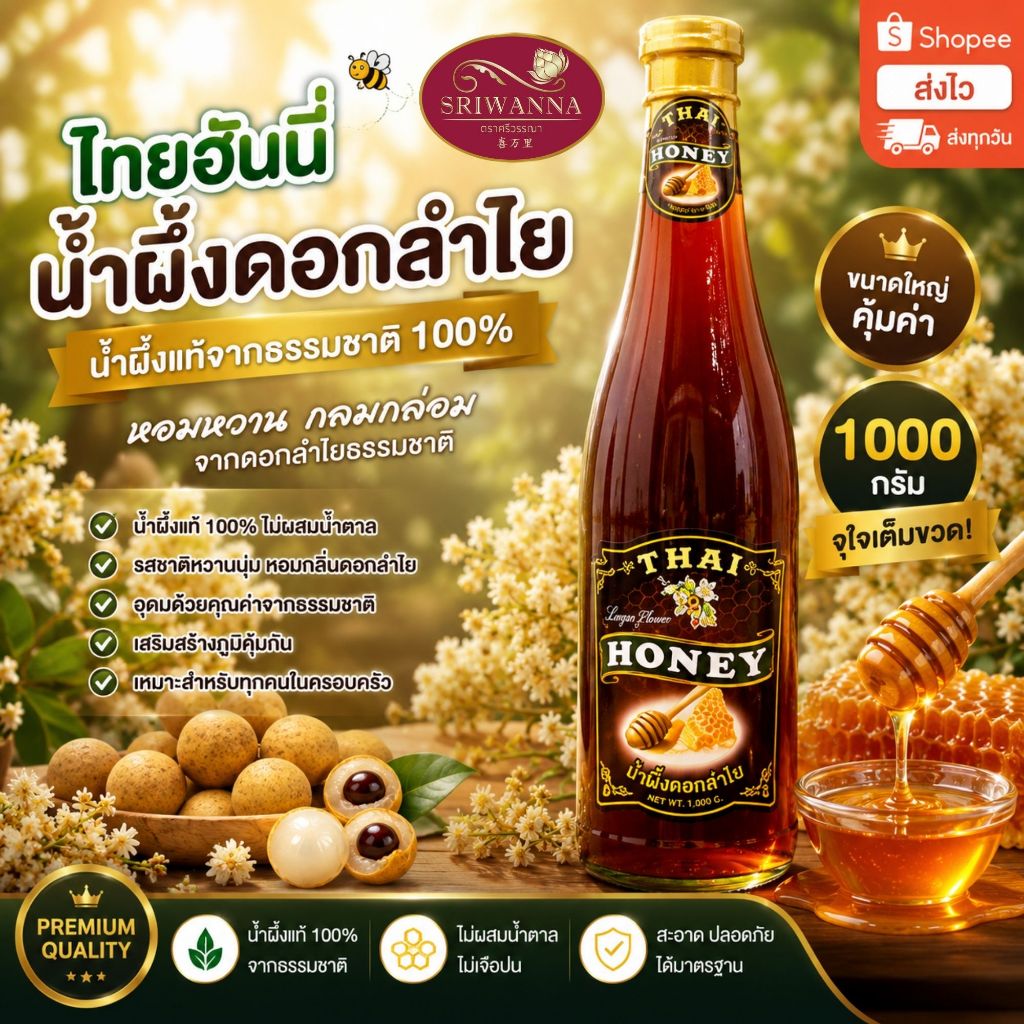 THAI HONEY (ไทยฮันนี่) น้ำผึ้งดอกลำไย ขนาด 1000 กรัม น้ำผึ้งแท้ 100%