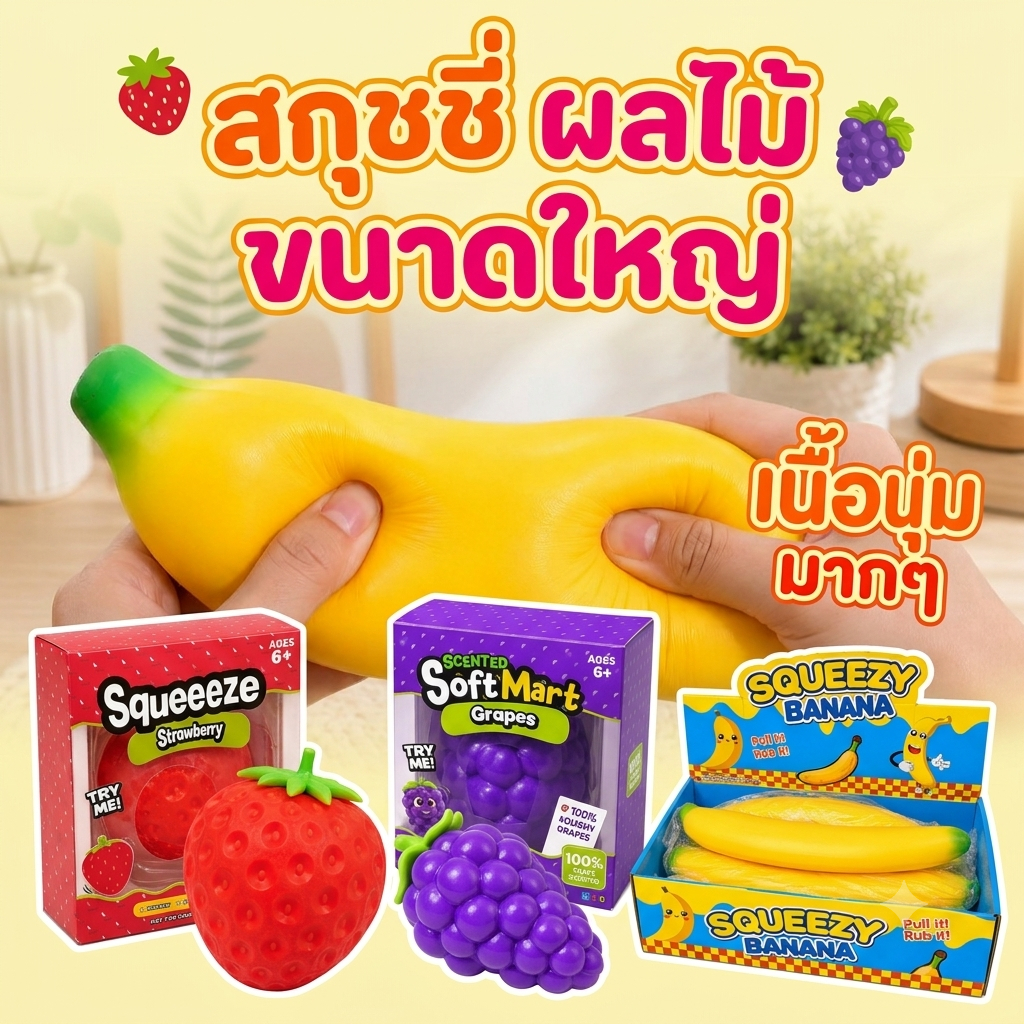 สกุชชี่  ไซส์ใหญ่ ผลไม้ Squishy 3 แบบ องุ่น กล้วย สตอเบอรี่  นุ่มนิ่ม คืนตัวไว นุ่มหนึบ กลิ่นหอม พร้อมส่ง