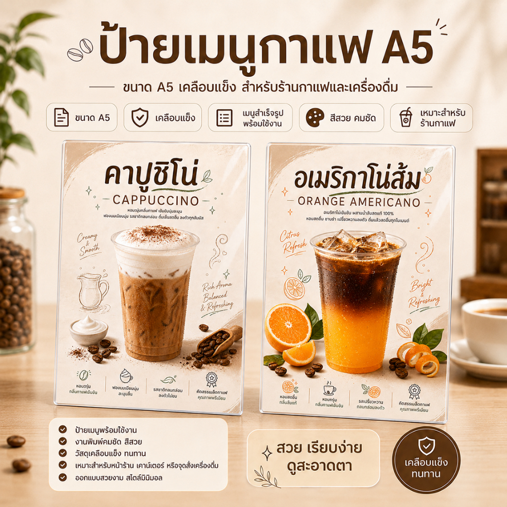 ป้ายเมนูกาแฟ A5 เคลือบแข็งใส ป้ายเมนูสำเร็จรูป
