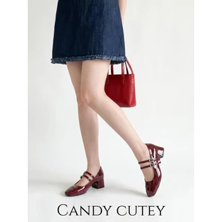Candy Cutey รองเท้าแมรี่เจน หนังแก้ว ทรงหัวเหลี่ยมหน้าตัด โดดเด่นสะดุดตา เข้มสุดคลาสสิก สายหน้าเข็มขัดแบบคู่ สวมใส่สบาย
