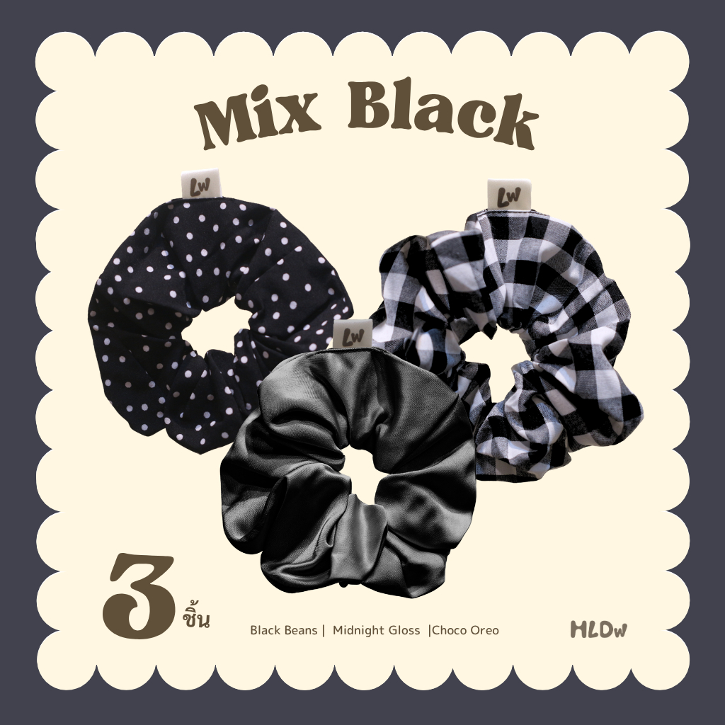 Scrunchies Set 3 pcs Size S & M / Mix Black — ยางรัดผมโดนัทโทนดำ เซต 3 ชิ้น ขนาดเล็ก & ขนาดใหญ่