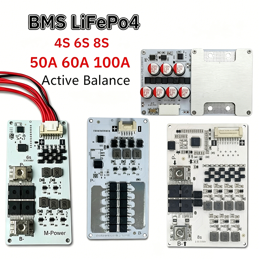 แผงวงจร BMS 4S 6S 8S พร้อม Active Balance สำหรับแบตเตอรี่ LiFePO4 32140 กระแสสูงสุด 50A/60A/100A มีแอคทีฟบาลานซ์