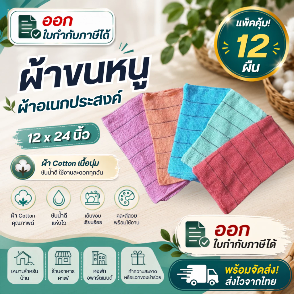 ผ้าขนหนูเช็ดมือ ผ้าขนหนูเช็ดทำความสะอาดขนาด 12x24นิ้ว จำนวน 12ผืน