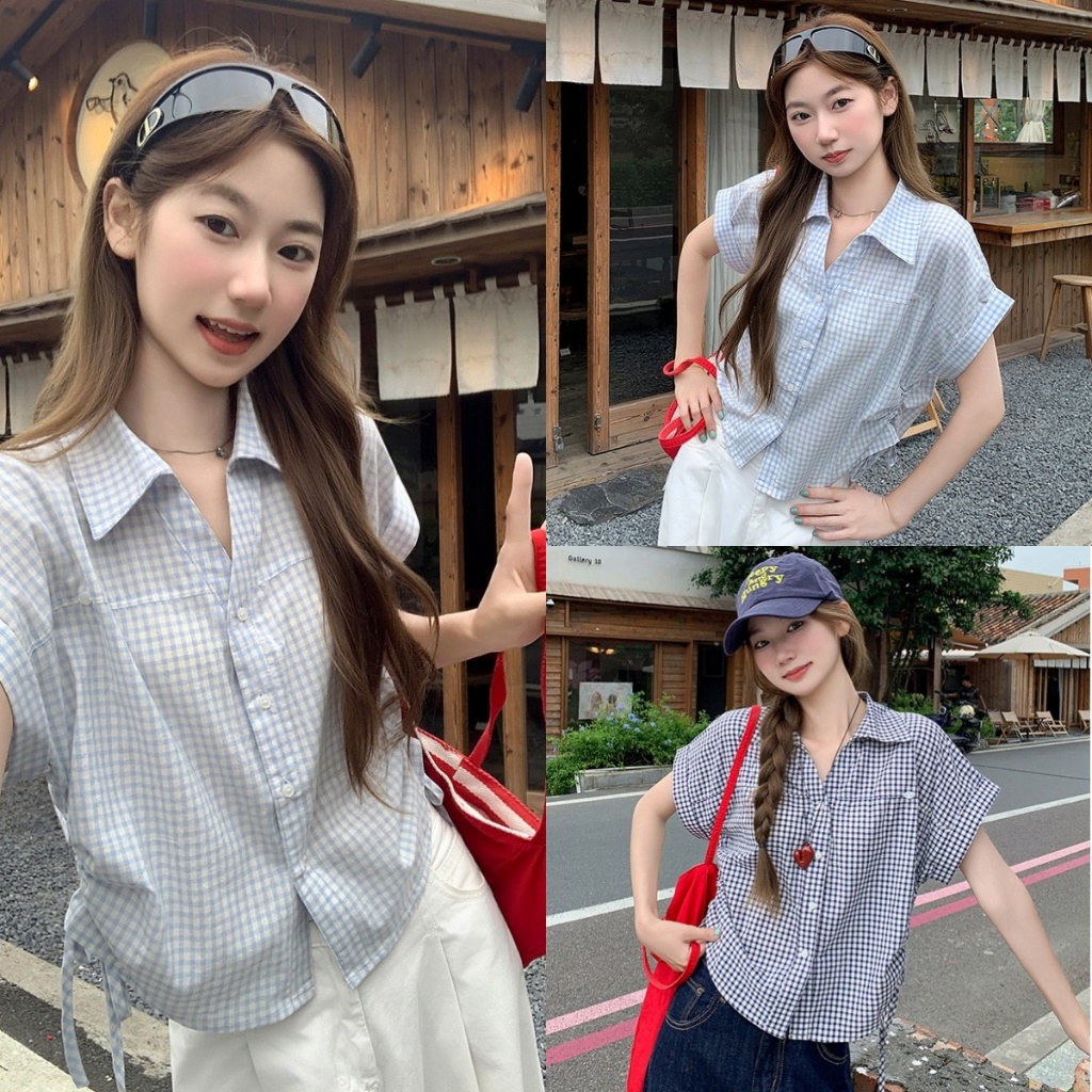 Beryl พร้อมส่ง เสื้อเชิ้ตผู้หญิง เสื้อเชิ้ตลายตาราง ดีไซน์รูดเชือกข้าง ผ้าสวมใส่สบาย สไตล์เกาหลี