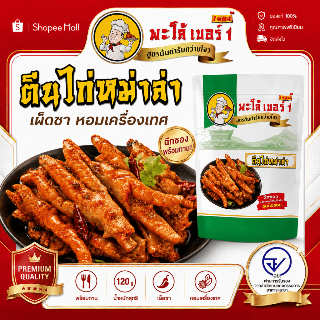 ตีนไก่หม่าล่า ผลิตในประเทศไทย ได้มาตรฐาน อย. เผ็ดชา หอมเครื่องเทศ เนื้อนุ่มหนึบ เคี้ยวเพลิน พร้อมทาน เหมาะเป็นของกินเล่น