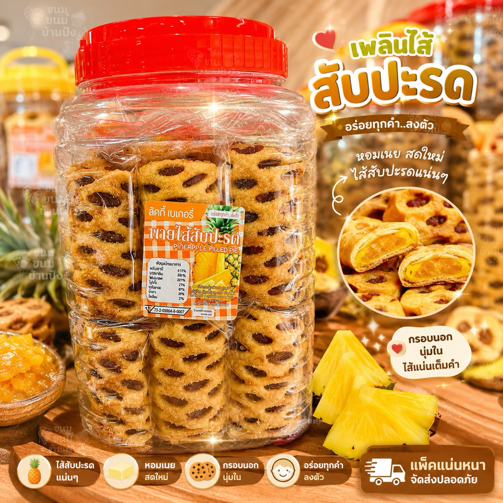 (1กระปุกใหญ่) 24 ชิ้น พายใส้สับประรดชิ้นใหญ่ แป้งพายกรอบอร่อย ใส้แน่น