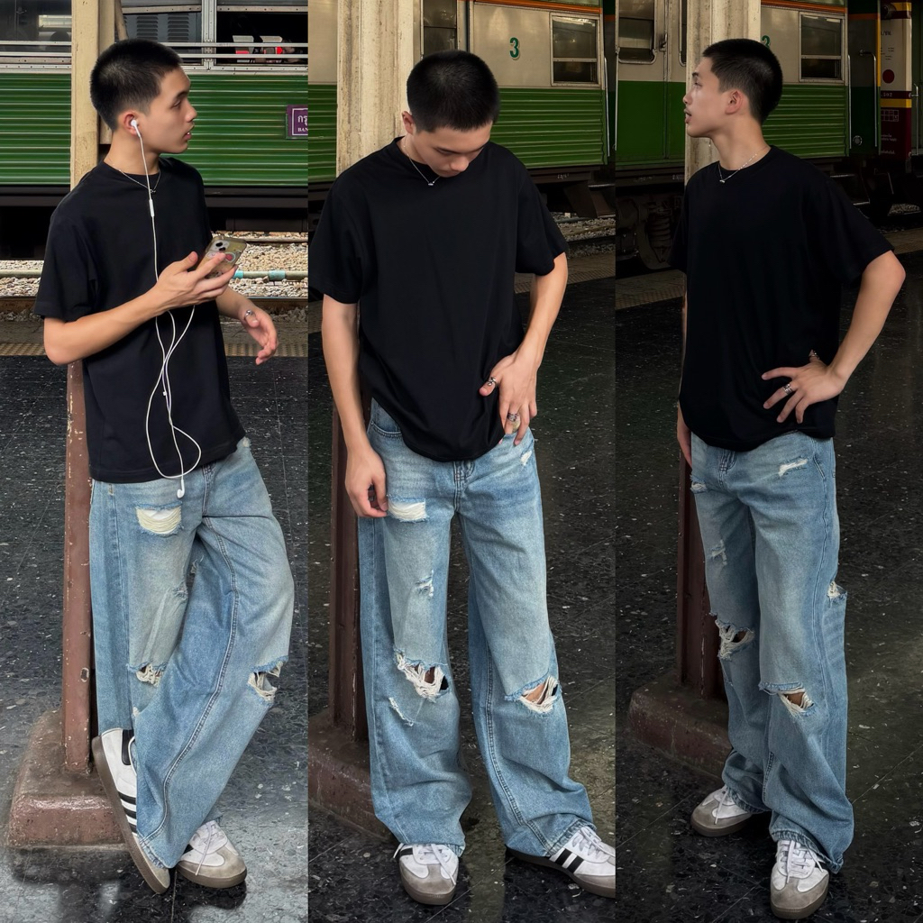 เปิดขายสินค้าใหม่ Lazy Jeans (แต่งขาด) กางเกงยีนส์ทรงกระบอก ดีเทลแต่งขาด เนื้อผ้าคุณภาพดี สียีนส์ที่ถูกต้อง