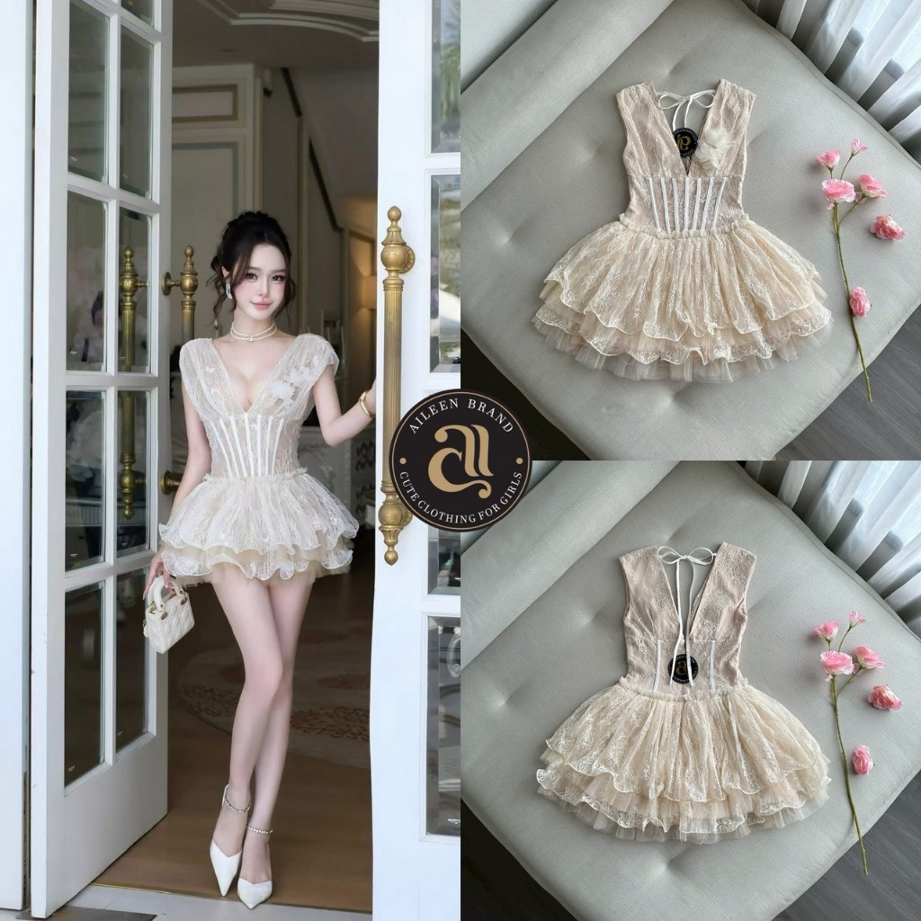 [Aileen] มินิเดรสแขนกุดผ้าลูกไม้สีครีมแต่งเลื่อมทั้งชุด ดีเทลคอวีเว้าหน้าหลัง  แต่งดอกไม้พุ่มๆหน้าอก