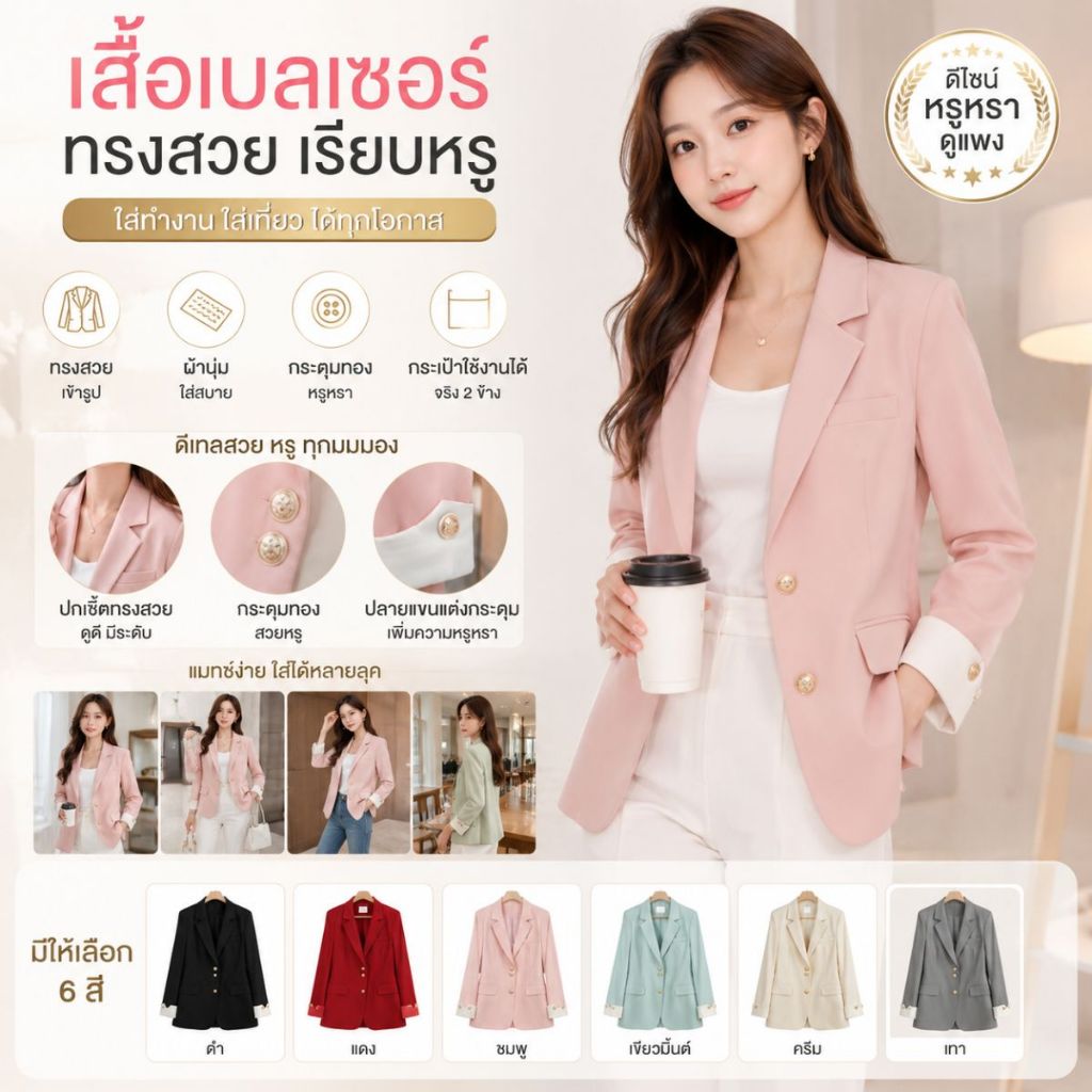 สูทผู้หญิง เสื้อเบลเซอร์ สีพื้น กระดุมทอง เสื้อเบลเซอร์ เสื้อสูท  สีพาสเทล  SUIT-22