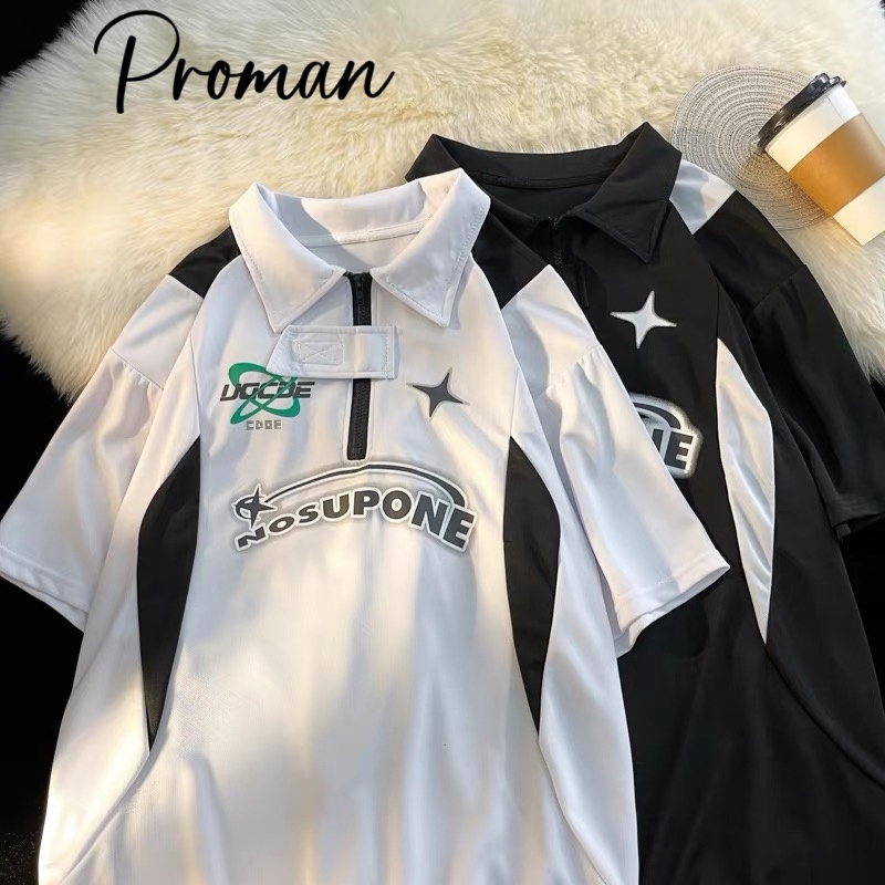 PROMAN เสื้อโปโลครึ่งแขนสีตัดกัน สไตล์ Retro Street Ins แบรนด์ฮิต เสื้อคู่ฤดูร้อน ผู้ชายผู้หญิงใส่ได้