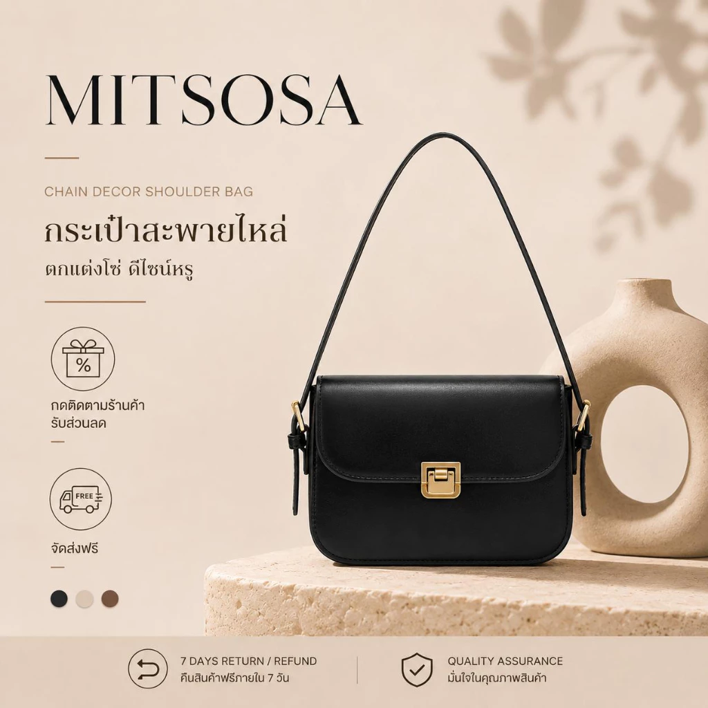 MITSOSA Kallys กระเป๋าสะพายไหล่แฟชั่นยอดนิยม สไตล์เรียบหรู กระเป๋าสะพายไหล่ผู้หญิง แข็งแรงทนทาน จุของได้มาก