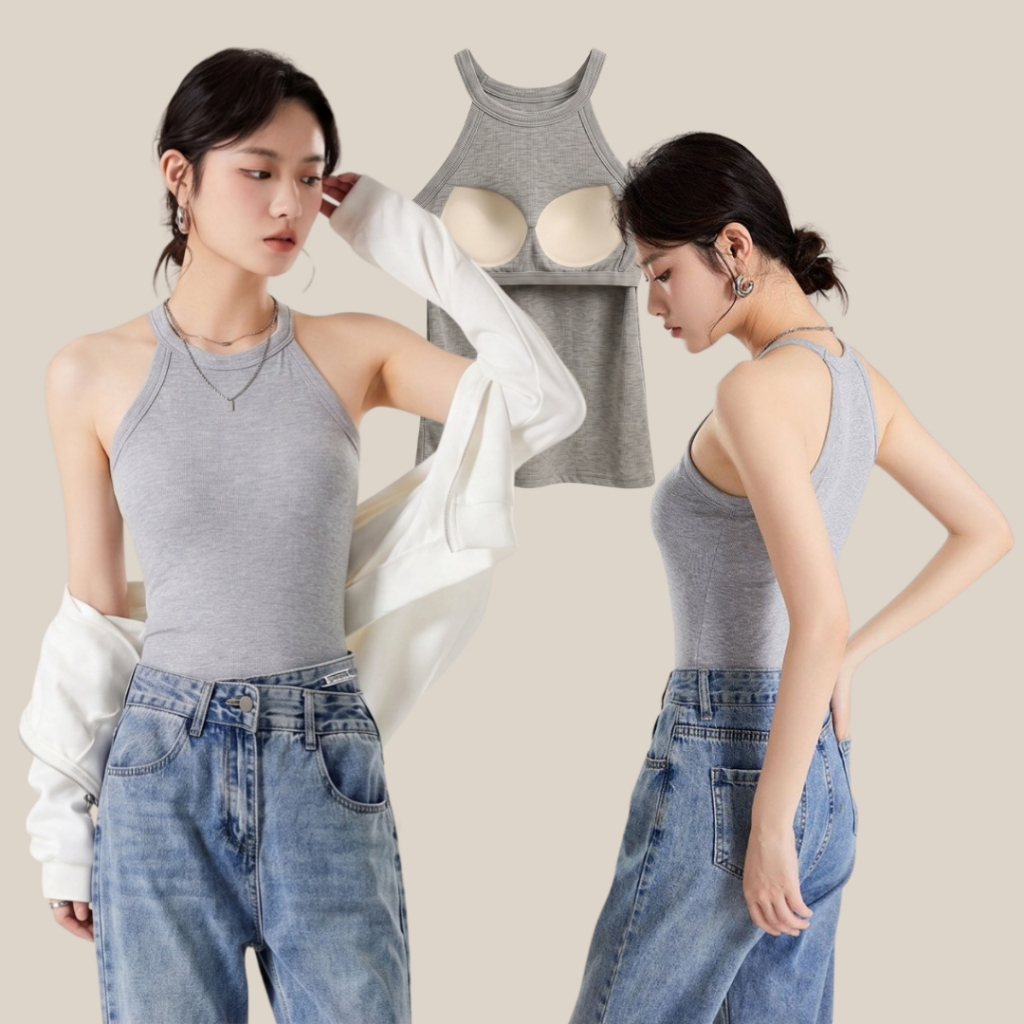 WsimpleBra | Vivian Tank Top เสื้อกล้ามคล้องคอ เว้าไหล่ มีบราในตัว เลิกใส่ชุดชั้นในและซิลิโคลปิดจุก