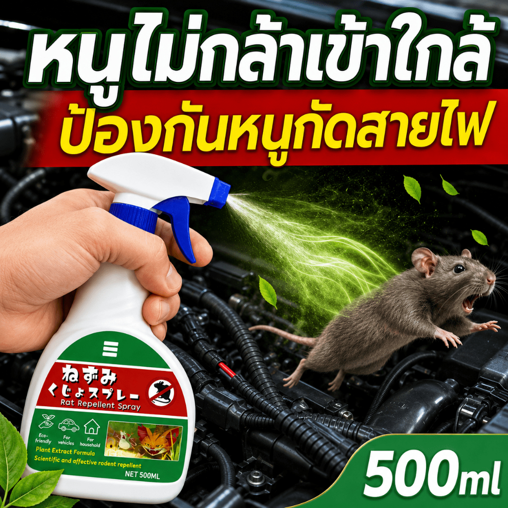 🐭ได้กลิ่นก็วิ่งหนี🐭สเปรย์ไล่หนู ยาไล่หนู 500ml สามารถใช้ได้ทั้งในบ้าน รถยนต์ และห้องเครื่องรถ โดยไม่ทำให้สายไฟเสียหาย