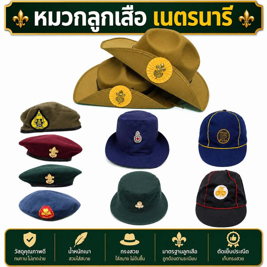 หมวก ลูกเสือสำรอง เนตรนารีสำรอง ลูกเสือสามัญ เนตรนารี ยุวกาชาด ผู้บำเพ็ญ เบเร่ต์แดง/เขียว พร้อมเข็ม
