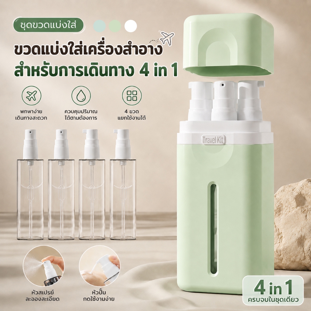 ชุดขวดแบ่งสารล่องหน พกพาสะดวก 4 in 1สำหรับเดินทาง ขวดสเปรย์+หัวปั๊ม เติมซ้ำได้ กันรั่ว ขวดแบ่งแชมพู โลชั่น น้ำหอม ขนาดพก