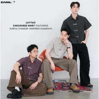 ZAMIO Lattice shirt เสื้อเชิ้ตแขนสั้นทรง boxy กระดุมตะขอจีน