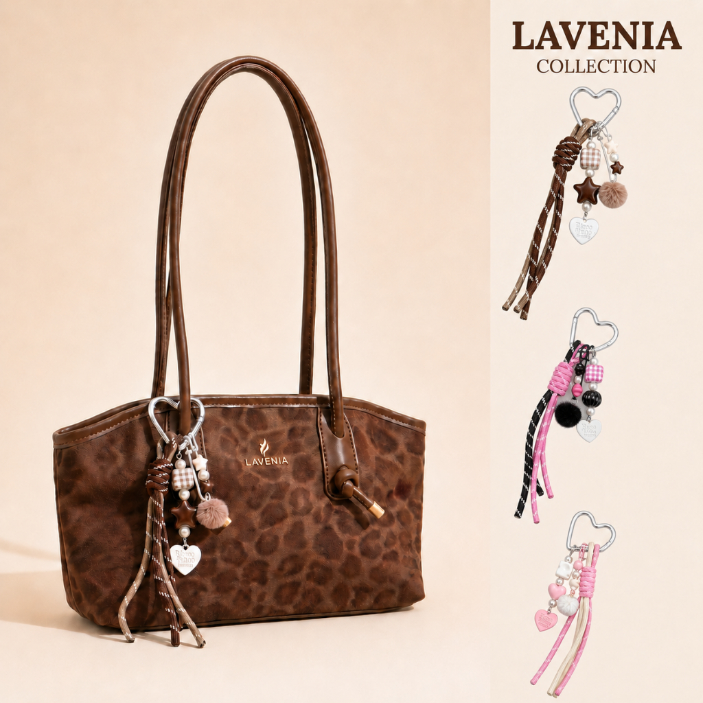 LAVENIA มาใหม่ กระเป๋าสะพายไหล่ผู้หญิง ลายเสือดาวหรู พร้อมจี้ห้อยแฟชั่น กระเป๋าทรงโท้ท  ใบใหญ่ สำหรับทำงาน เที่ยว และใ