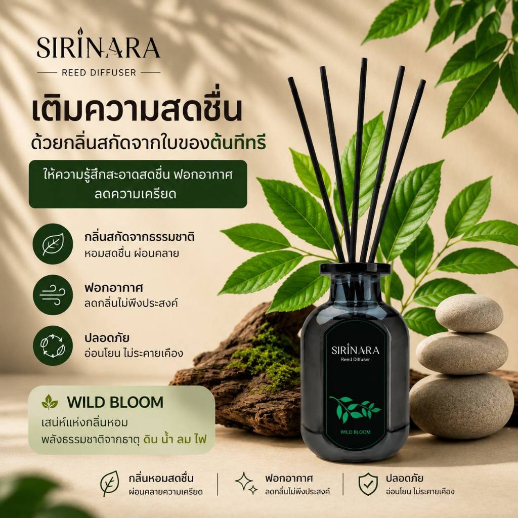 SIRINARA ก้านไม้หอม ธาตุดิน กลิ่น Wild Bloom จากต้นทีทรี บรรยากาศผ่อนคลาย (ราศีมังกร พฤษภ กันย์)