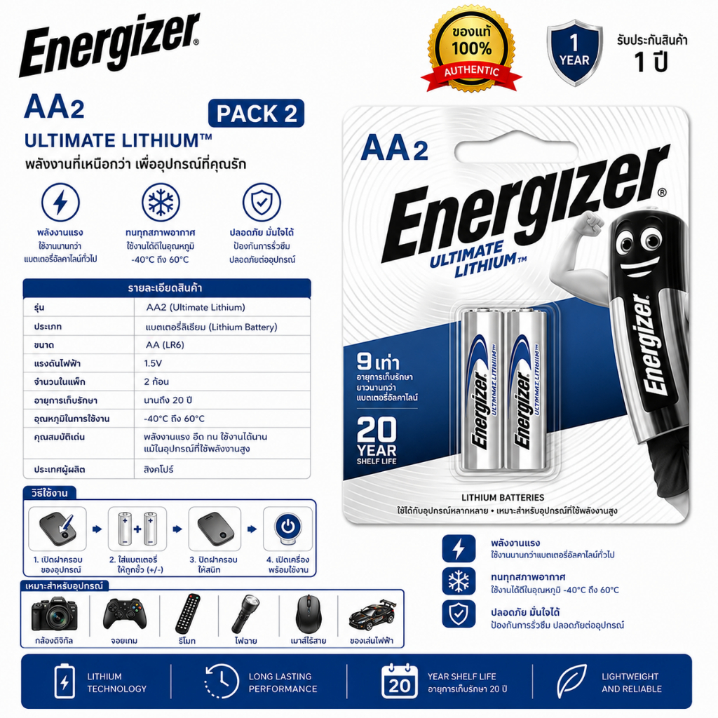 ถ่านไฟฉาย แบตเตอรี่ ENERGIZER®(USA) ULTIMATE LITHIUM™ 2A BATTERIES ใช้นาน10เท่าของอัลคาไลน์