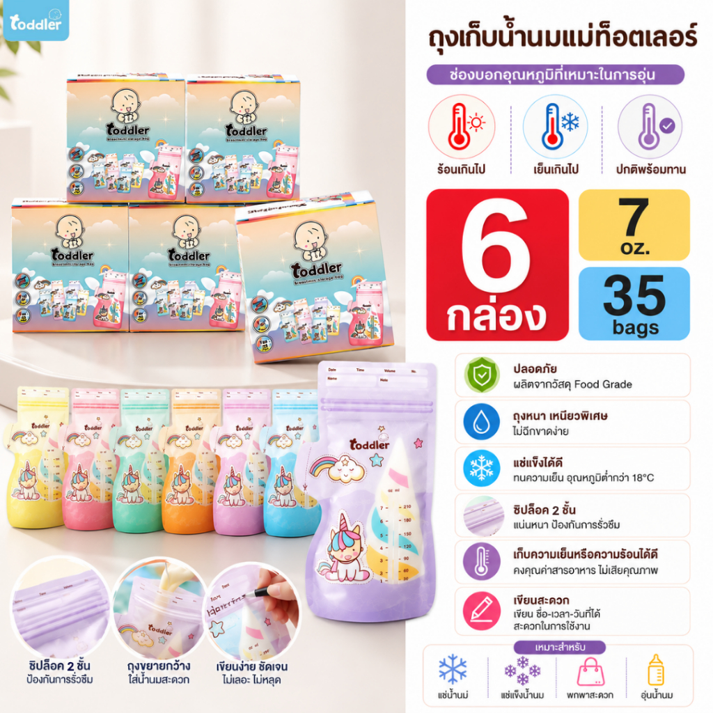 (6กล่อง) Toddlerfamily ถุงเก็บน้ำนมแม่ รุ่น Unicorn  7 ออนซ์ กล่องละ 35 ใบ