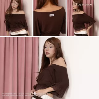 Faye Lace Top | เสื้อปาดไหล่แต่งลูกไม้ เข้าเอว ผ้าลูกไม้ยืด ผ้าเรยอนคอตตอนยืด | MURF.BKK | T 213