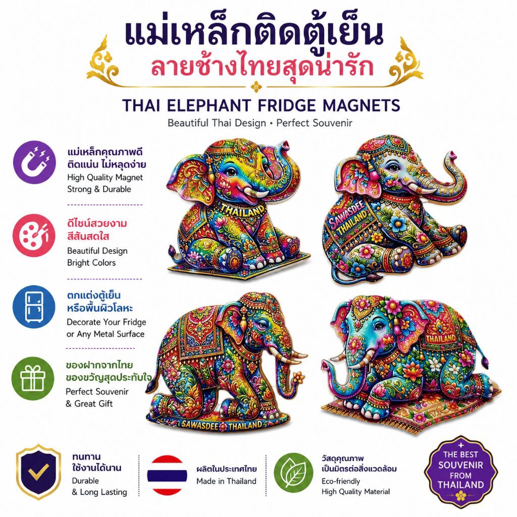 แม่เหล็กติดตู้เย็น แม่เหล็กช้างไทย ของที่ระลึก ของฝาก ช้างไทย Thai elephant magnet Thailand souvenir