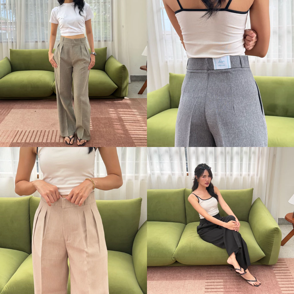 กางเกงทรงกระบอกกลาง รุ่น June pants แต่งจีบทวิติผ้ามีเทกเจอร์เฉพาะตัวใส่เเล้วดูโดดเด่นเเต่งดีเทลป้ายด้านหลังน่ารักมาก