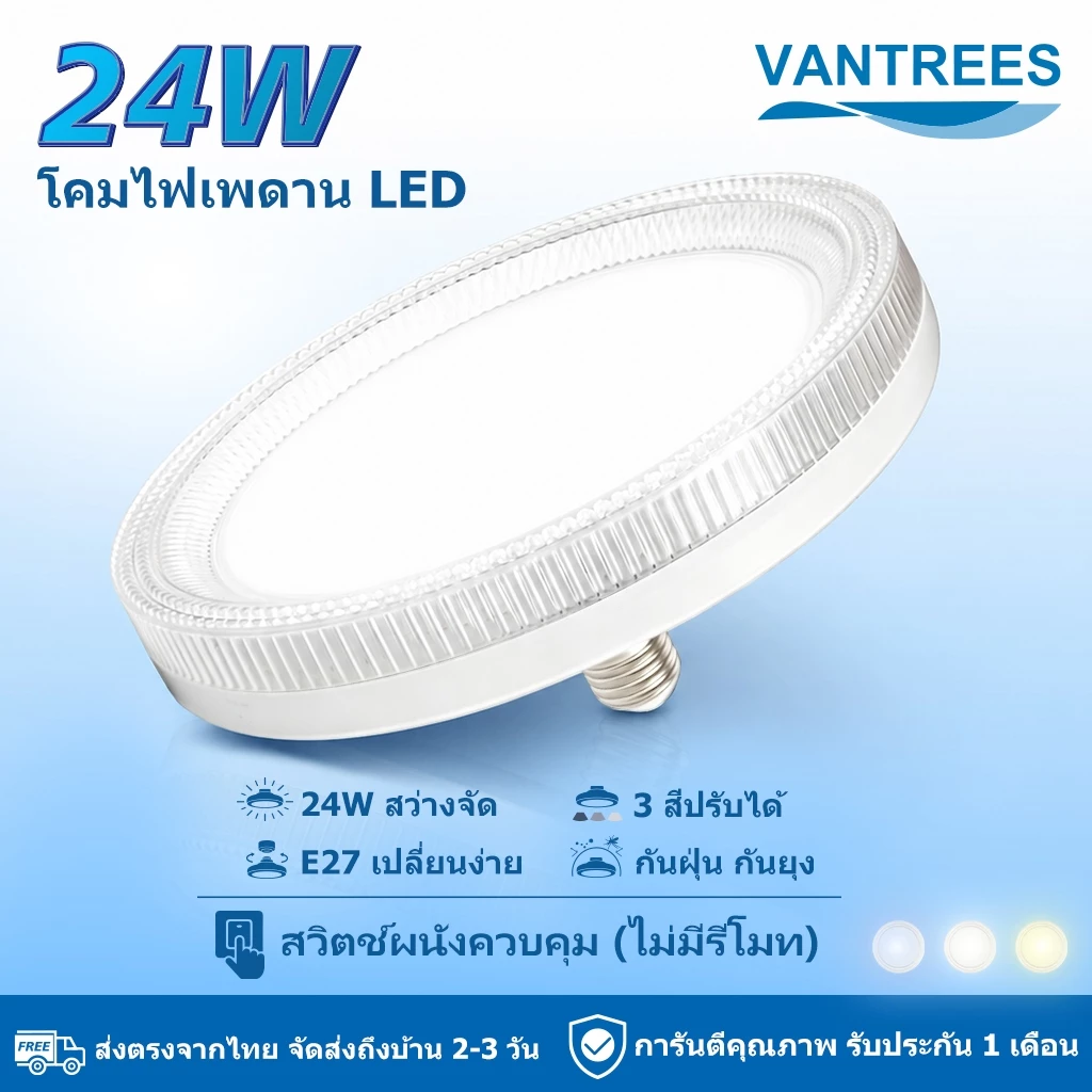 โคมไฟเพดาน LED 24W หลอดไฟ E27 ปรับแสงได้ 3สี เปลี่ยนง่าย ไม่ต้องใช้รีโมท กันฝุ่น กันยุง ประหยัดไฟ ถนอมสายตา VANTREES แท้
