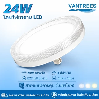 โคมไฟเพดาน LED 24W หลอดไฟ E27 ปรับแสงได้ 3สี เปลี่ยนง่าย ไม่ต้องใช้รีโมท กันฝุ่น กันยุง ประหยัดไฟ ถนอมสายตา VANTREES แท้