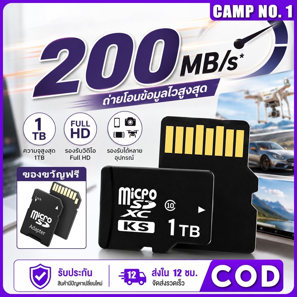 รับประกัน60ปี- การ์ดหน่วยความจำ 1TB/512GB โทรศัพท์ เมมโมรี่การ์ด กล้องวงจรปิดไร้สาย TF Card Memory C