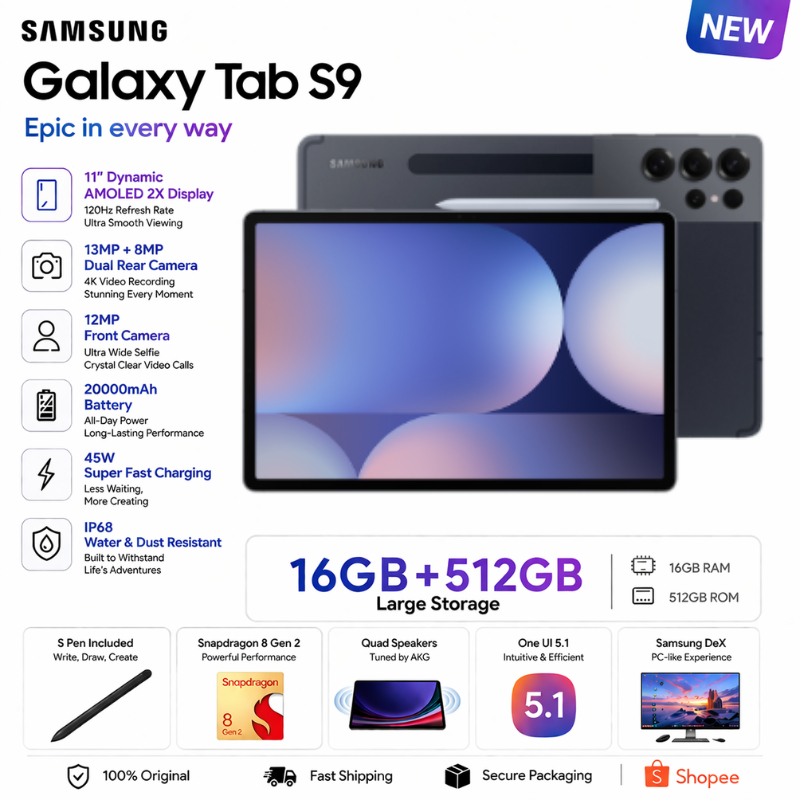 Samsung Tab S9 (16+512GB), โปรเซสเซอร์ Snapdragon 8 Gen 2, หน้าจอ 2.11 นิ้ว, รองรับซิมการ์ด, มาพร้อมปากกา S Pen