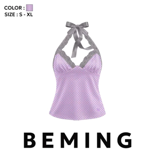 Bemingtop1229(S-XL)-Sissy top - เสื้อคล้องคอดีไซน์ผ้าซาติน เพิ่มความโดดเด่นด้วยขอบลูกไม้และสายผูก