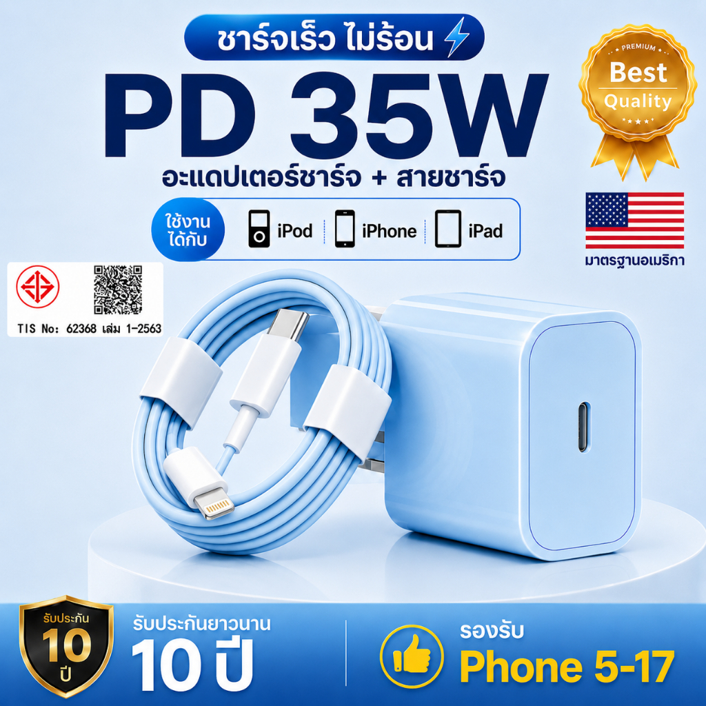 【นำเข้าแท้】PD 35W หัวชาร์จเร็ว + สายชาร์จเร็ว ชุดชาร์จ Fast charger รองรับรุ่น 5~17 รับประกัน 3ปี