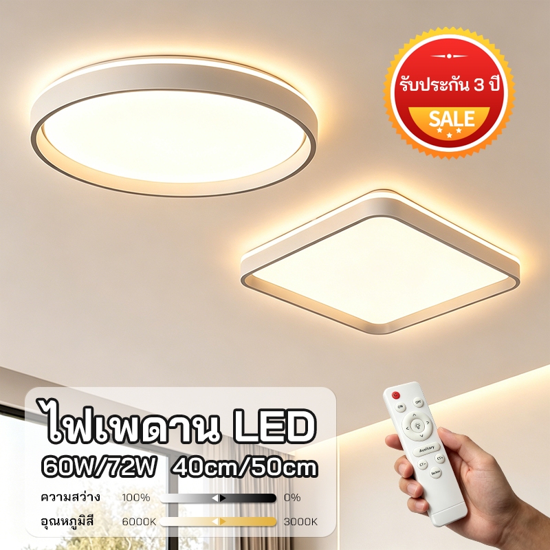 ไฟ led เพดาน กลม/เหลี่ยม โคมไฟเพดานรีโมท 3สี LED สไตล์โมเดิร์น เบาและบางลง สำหรับห้องนอน