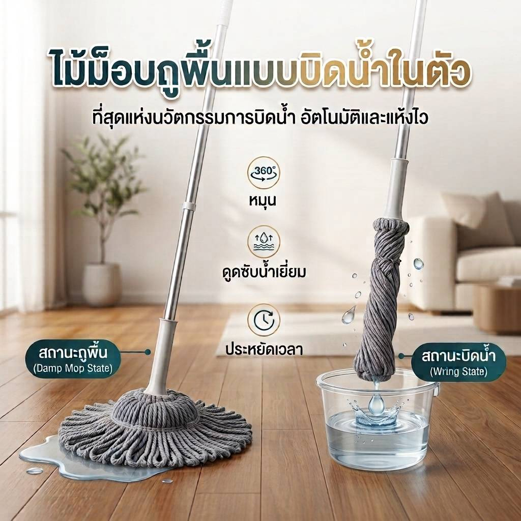 ไม้ม็อบถูพื้นแบบบิดน้ำในตัว ไม้ถูพื้น ม็อบผ้าไมโครไฟเบอร์ ไม้ม็อบบิดน้ำ ไม้ถูพื้นประหยัดเวลา