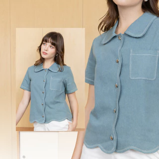 Glucoat | [A191] เสื้อยีนส์เดนิมคอปก ชายแต่งขอบหยัก มีกระเป๋าหน้า กระดุมหน้าหัวใจใช้งานได้จริง
