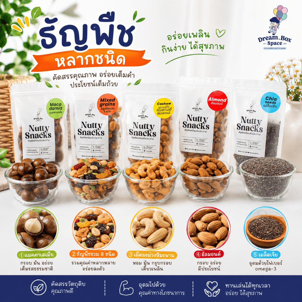 ธัญพืชรวม เมล็ดเจีย แมคคาเดเมีย  เม็ดมะม่วงหิมพานต์ อัลมอนด์  ธัญพืชรวม  Chia seed เกรด AAA