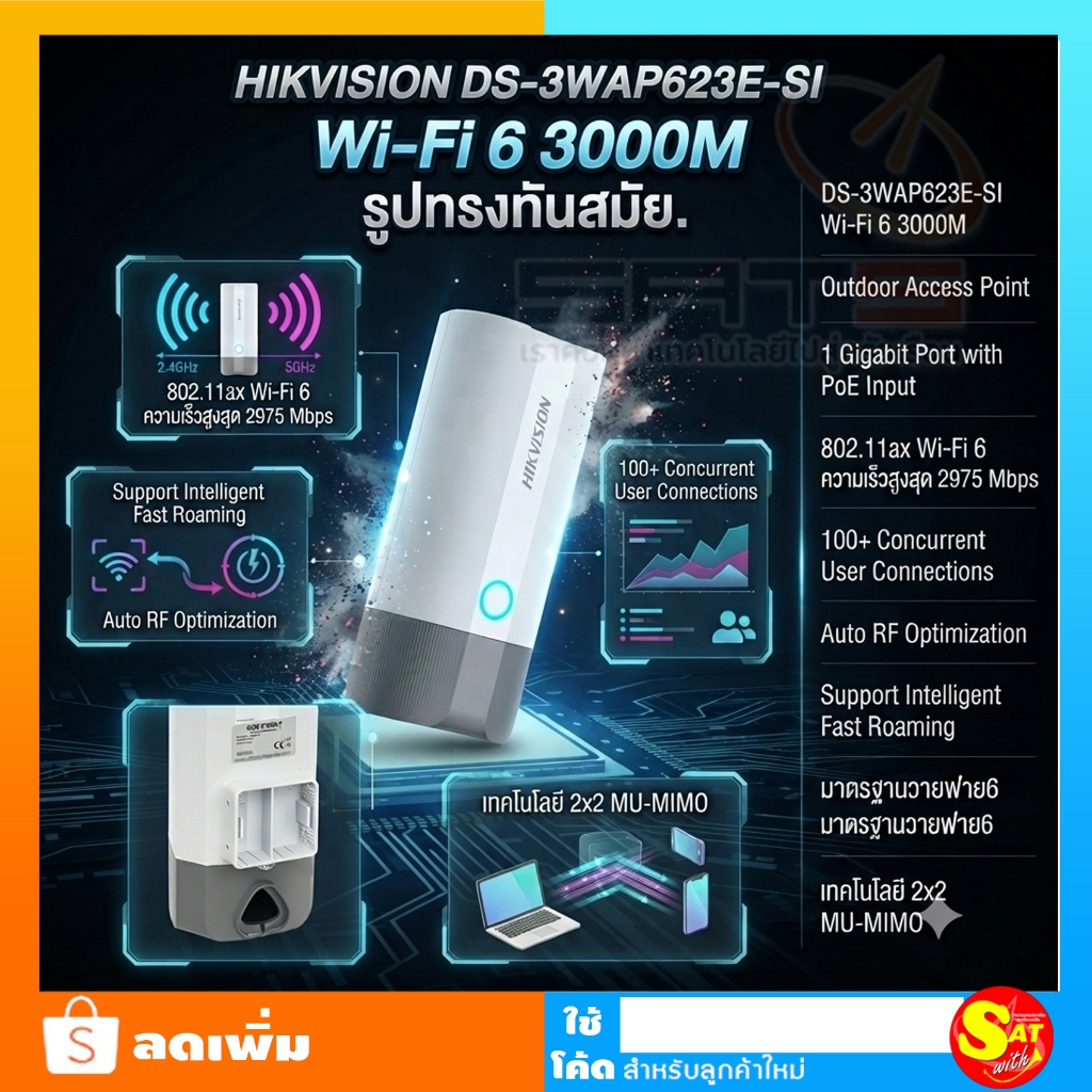 HIKVISION อุปกรณ์กระจายสัญญาณ รุ่น DS-3WAP623E-SI tWi-Fi 6 3000M Outdoor Access Point