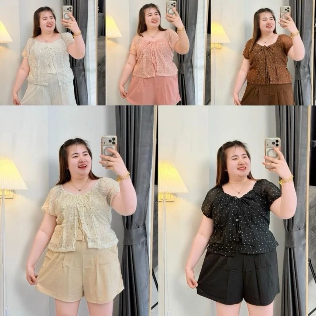 (A117)ชุดเซ็ตสาวอวบ2ชิ้น เสื้อ+กางเกง ลายจุดPolkadot สุดน่ารัก
